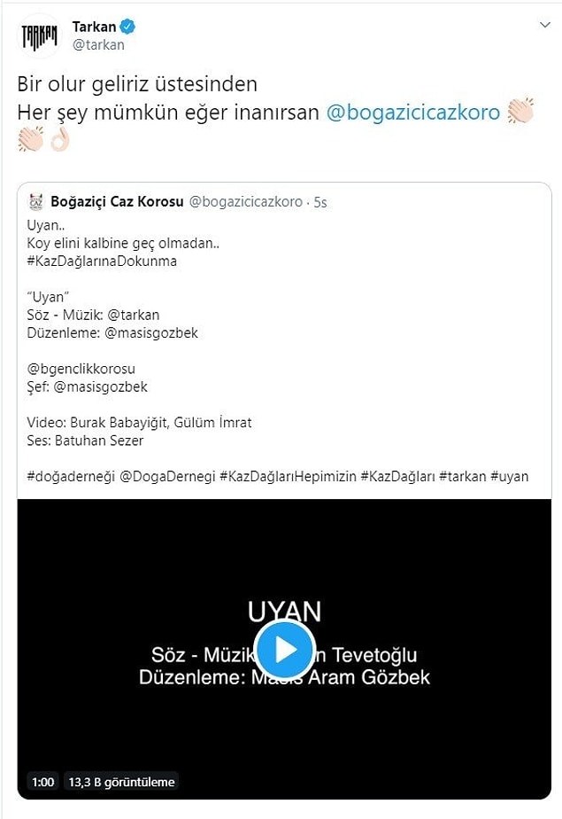 Tarkan da şarkıyı sosyal medya hesabından "Bir olur geliriz üstesinden, her şey mümkün eğer inanırsan" mesajıyla paylaştı.
