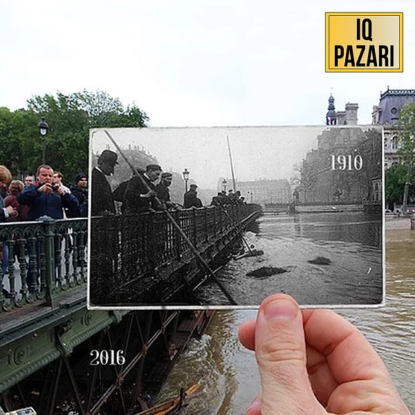 Paris'te 2016'da yaşanan sel felaketi ardından çekilmiş bir fotoğraf ve 103 yıl öncesinden bir sel...