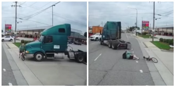 Kendisini Fark Etmeyen Tırın Altında Kalmaktan Şans Eseri Kurtulan Bisikletçinin Korku Dolu Anları