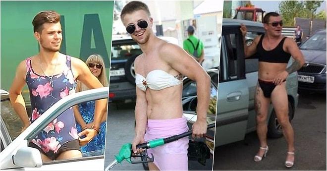 Bikiniyle Gelenlere Ücretsiz Yakıt Vereceğini Söyleyen Rus Benzinliğe Birbirinden Renkli Bikiniler Giyerek Gelen Erkekler