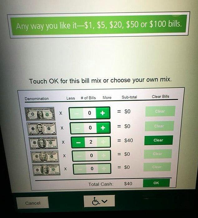 11. Faturalarınızı ödemek istediğinizde istediğiniz banknotu seçmenize izin veren bir ATM. 🏧