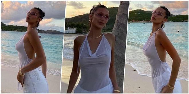 Bella Hadid İç Çamaşırsız Giydiği Transparan Bluzuyla Miami'de Ortalığı Alev Alev Yaktı!