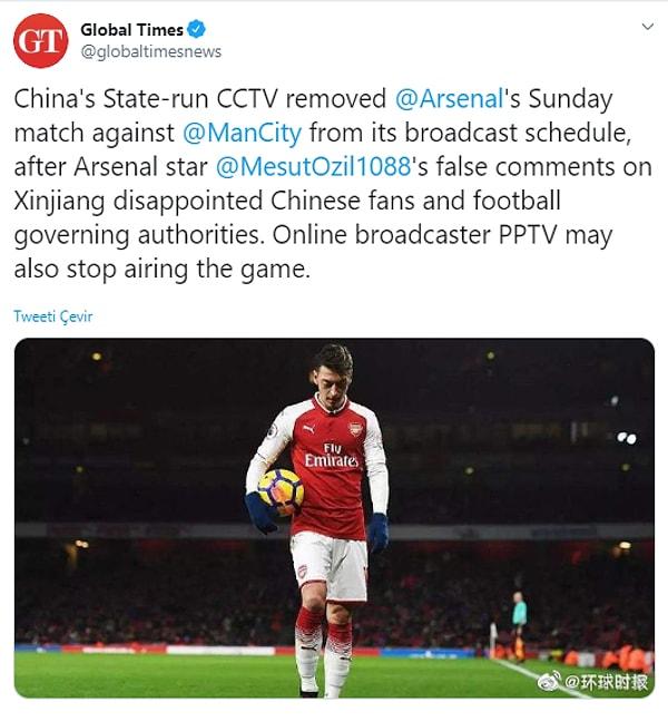 Öncesinde devlet bağlantılı gazete Global Times Özil'in paylaşımınının futbol otoritelerini hayal kırıklığına uğrattığını ileri sürdü.