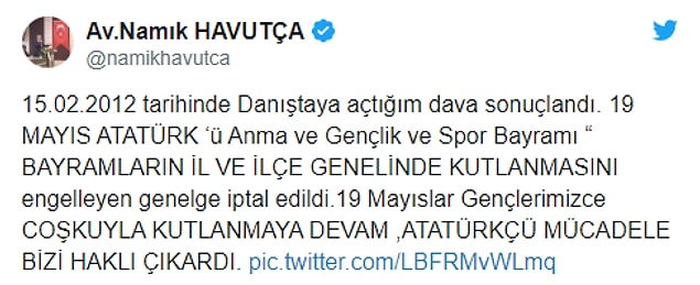Konunun takipçisi olan CHP eski milletvekili Namık Havutça da gelişmeyi sosyal medya hesabından duyurdu
