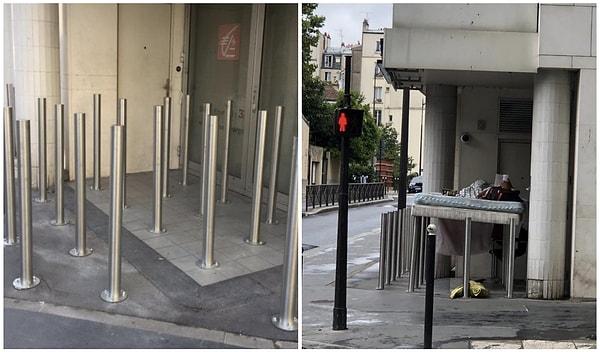 11. "Paris. Soldaki metal borular evsiz insanların sığınak bulmasını engellemek için. İnsanlar sağda olduğu gibi mecburiyetten hacker oluyorlar."