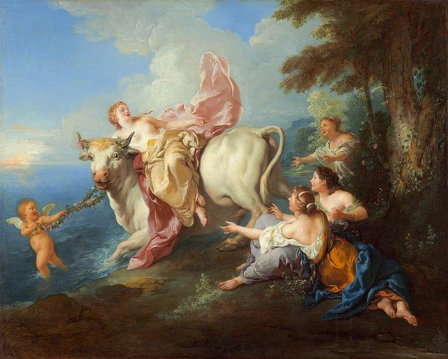 Yine böyle bir günde, denizin kenarındaki bahçelerden birinde arkadaşlarıyla çiçek toplayan bu genç kızı Baş Tanrı Zeus görür.