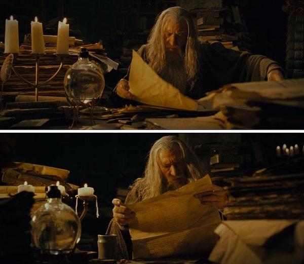 14. Yüzüklerin Efendisi: Yüzük Kardeşliği'nde, Gandalf'ın yanındaki mumlar parşömenleri okumak için harcadığı zamanı gösterecek şekilde eriyor.