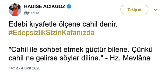 Hadise'nin bu sözlere tepkisi ise oldukça net oldu: "Edebi kıyafetle ölçene CAHİL denir!"