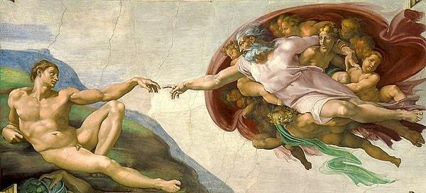 4. Michelangelo'nun 'Adem’in Yaratılışı' adlı bu eseri Tanrının Adem’e hayat vermesi üzerine bir betimleme yapılmıştır. Peki senin gördüğün ne?