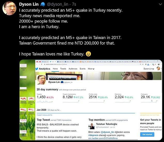 Attığı bir tweete göre ise Tayvan hükumeti Dyson Lin'e bu deprem tahminlerinden dolayı para cezası kesmiş!