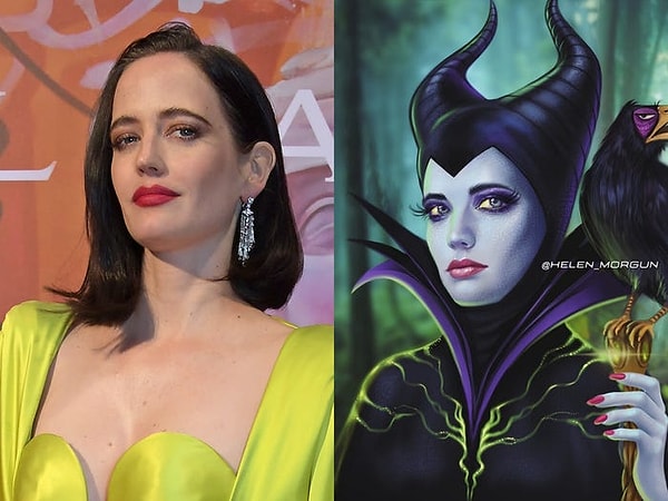 Ева Грин была нарисована как Малефисента из "Спящей Красавицы", в комплекте с рогами и любимым вороном злодея, Диабло.