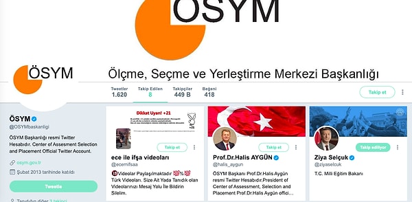 Duyuru hesabı olduğundan olsa gerek takip edilenler arasında çok hesap yok. Yalnız 8 hesap var.