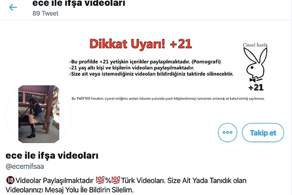 Öyle ki takip edilen hesap bile +21 uyarısı koymuş.