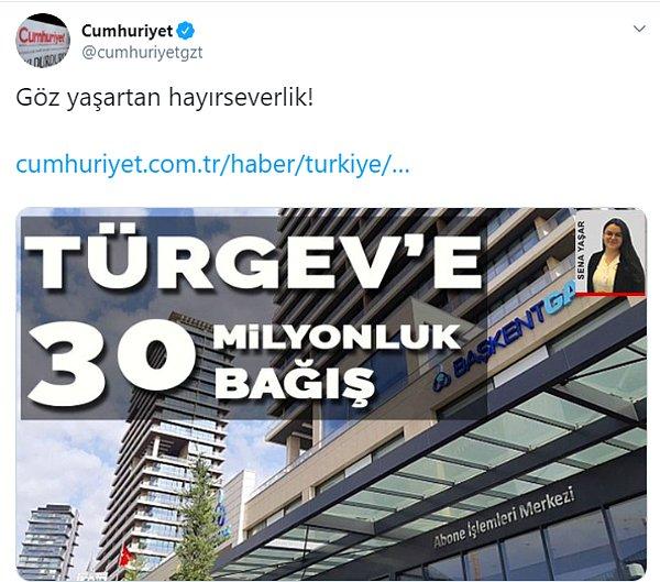 Dün BaşkentGaz'ın, TÜRGEV’e 30 milyon TL değerinde iş yeri bağışladığına yönelik haberler çıkmıştı.