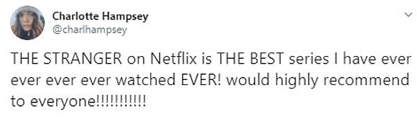 "Netflix'teki The Stranger dizisi hayatımda izlediğim en en en en EN İYİ dizi! Herkese öneriyorum!!!"