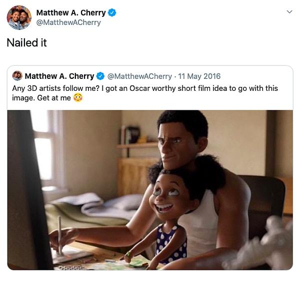 8. Matthew A. Cherry ödülünü aldıktan sonra, bundan yıllar önce 'Oscar'lık bir kısa film fikrim var' diye attığı tweeti alıntılayarak 'Başardım' yazdı.