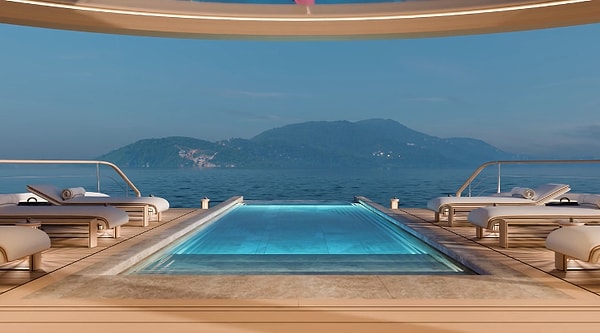 На яхте есть пейзажный бассейн, кинотеатр, тренажерный зал, салон красоты, спа и вертолетная площадка.