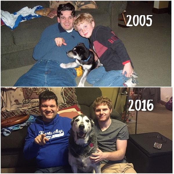 13. "Küçük kardeşim ve köpeğimizle 11 yıl önce ve sonraki aynı pozumuz."