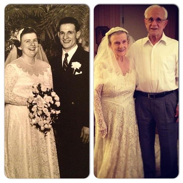 19. "60. evlilik yıl dönümünde, düğününde giydiği gelinliği giyen büyükannem."