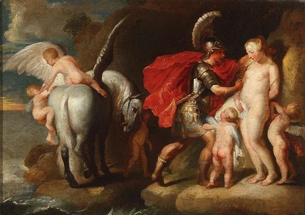 Kayaya bağlı haldeki güzeller güzeli Andromeda'yı gören Perseus, ona hemen oracıkta aşık oluverir ve kralın da iznini alarak onunla evlenir.