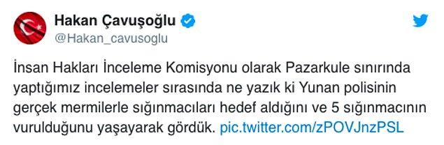 TBMM İnsan Haklarını İnceleme Komisyonu Başkanı Hakan Çavuşoğlu da sosyal medya hesabından Yunan güvenlik güçlerinin gerçek mermi kullandığını paylaştı👇