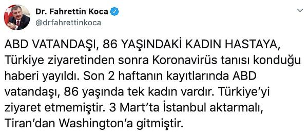 Sağlık Bakanı Koca: 'ABD'li kadın hasta Tiran'dan, Türkiye aktarmalı olarak ABD'de gitti'