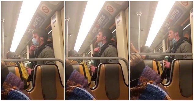 Videodaki adam maskesi ile bindiği metroda maskeyi çıkartıp, elini önce ağzına götürüyor sonra da metro direğine sürüyordu.