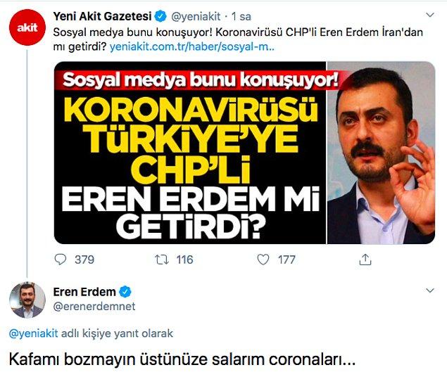 Neden yapıldığına anlam verilemeyen bu haberi gören Eren Erdem de Twitter'dan esprili bir cevap verdi. Akit'i virüsü üstlerine salmakla tehdit etti. 😂