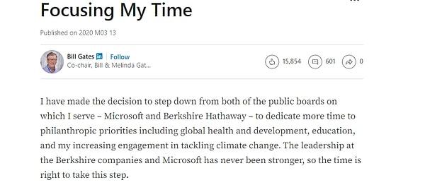Microsoft'u 1975 yılında Paul Allen ile birlikte kuran Gates ise konuya ilişkin Linkedin hesabından paylaşımda bulundu.