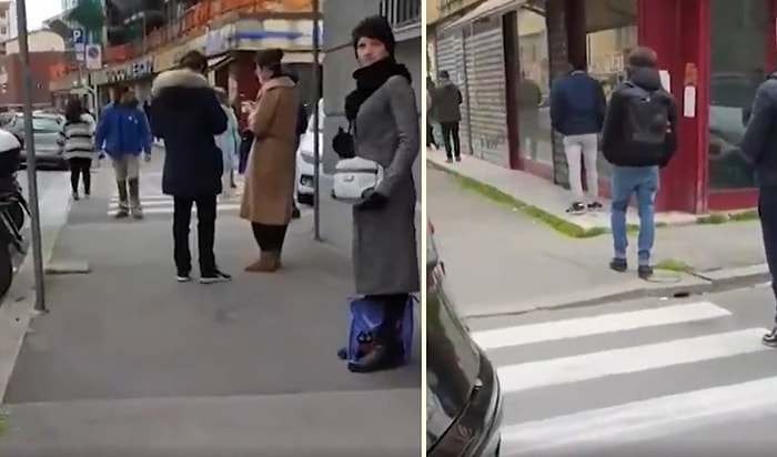 Sıra Bekleyen İnsanlar Koronavirüs Nedeniyle Aralarında Metrelerce Boşluk Bırakıyor