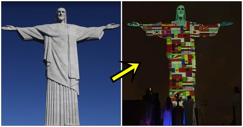 Koronavirüse Karşı Küresel Dayanışma İçin 'Kurtarıcı İsa Heykeli' Vaka Bulunan Ülkelerin Bayraklarıyla Aydınlatıldı