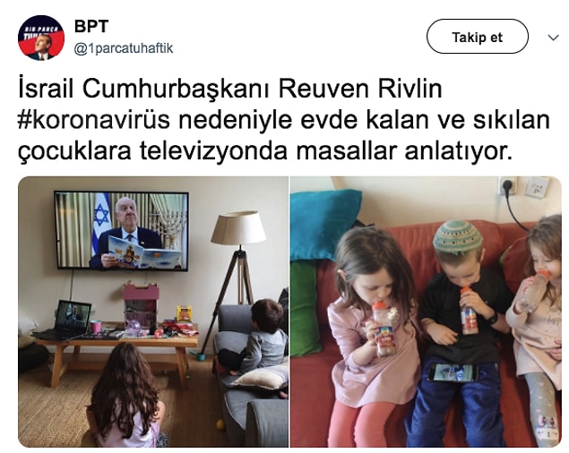 Bütün olay aslında İsrail Cumhurbaşkanı'nın çocuklara ekrandan masal okurken çekilen şu fotoğrafıyla başlıyor...