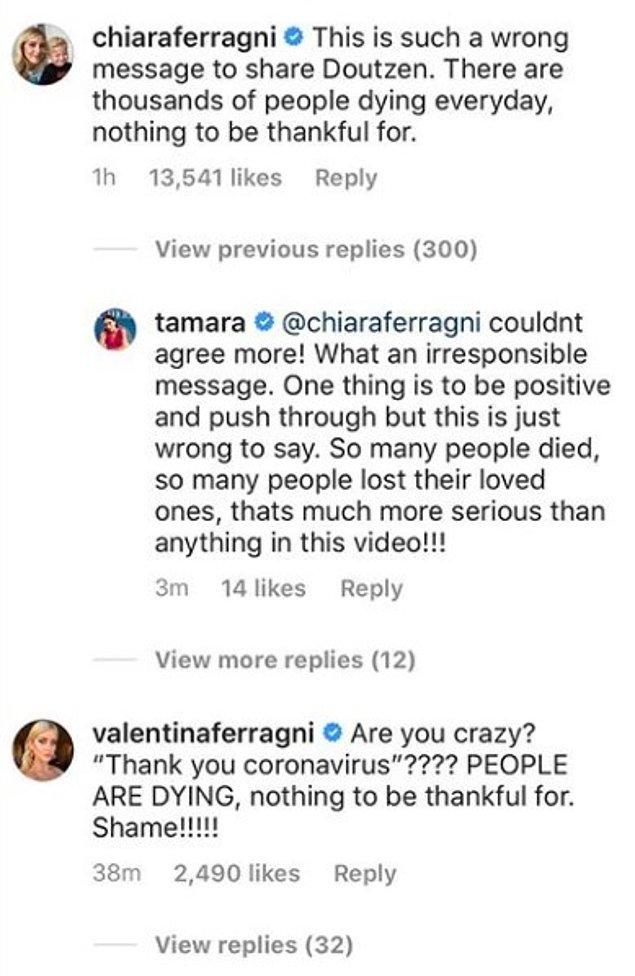 Aldığı tepkilerin ardından sildiği videoya gelen yorumlar, ünlü mankenin yanlış bir mesaj verdiği ve binlerce insan ölürken minnettar olacak hiçbir şey olmadığı yönündeydi.