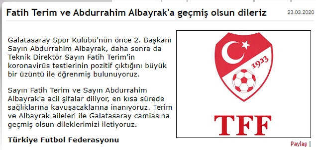 TFF, Fatih Terim ve Abdurrahim Albayrak'a geçmiş olsun mesajı yayınladı.