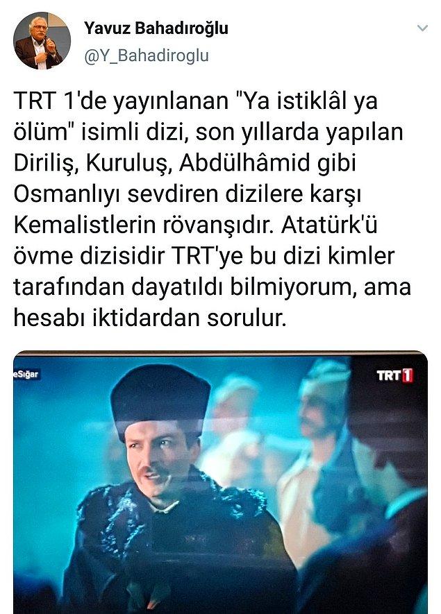 Bunun üzerine de Yeni Akit köşe yazarı Yavuz Bahadıroğlu, dizi ile ilgili daha sonra sildiği skandal bir tweet attı.