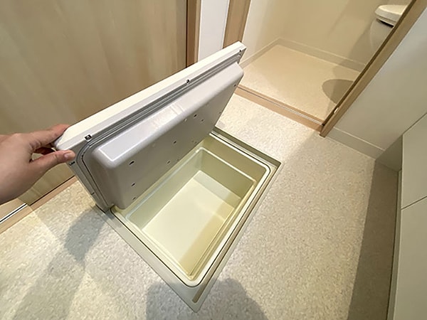 В ванной комнате есть специальный отсек под полом, который функционирует как встроенный ящик для кошачьего туалета.