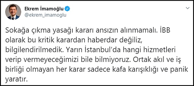 İBB Başkanı İmamoğlu da Twitter'dan bir mesaj paylaşarak "bilgilendirilmedik" dedi 👇