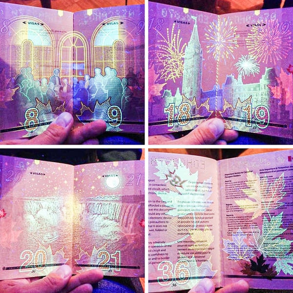9. Канадский паспорт в ультрафиолетовом свете выглядит как настоящий шедевр.