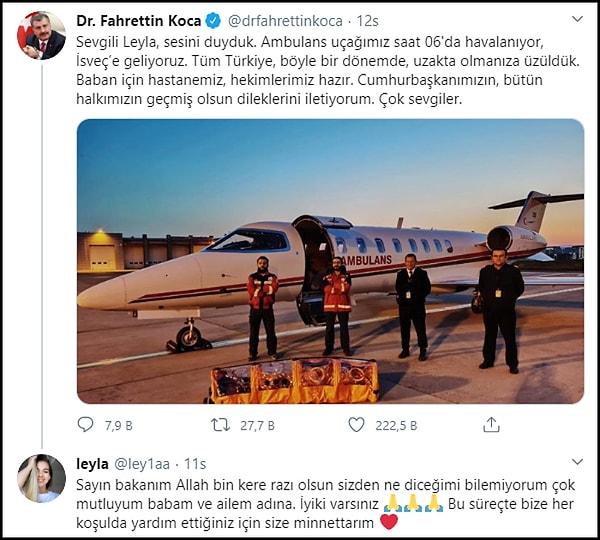 Sağlık Bakanı Fahrettin Koca, Leyla'nın yardım çağrısını Twitter'dan yanıtladı ve Emrullah Gülüşken'in, çocuklarıyla birlikte Türkiye'ye getirilmesi için ambulans uçak gönderilmesi talimatını verdi.
