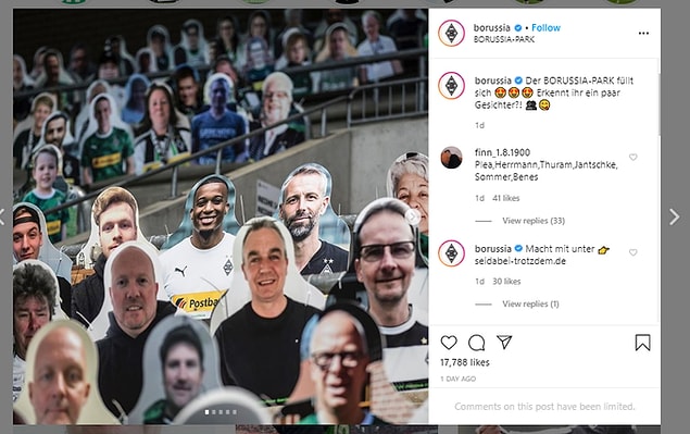 3. Bundesliga ekiplerinden Borussia Mönchengladbach Borussia Park'ın tribünlerini 'karton taraftarlar' ile dolduruyor. Taraftarların 5 € ödeyerek katılabildikleri kampanyada 8 bini aşkın sipariş alındı. Bundesliga'nın 9 Mayıs'ta yeniden start alması bekleniyor.