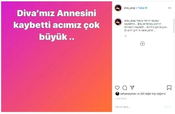 Üzücü haberi Bülent Ersoy'un danışmanı olan Arzu Akçay Instagram hesabı üzerinden duyurdu.