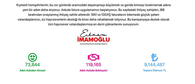Uygulamada şu ana kadar 73.844 ailenin 9.114.487 TL'lik faturası hayırseverler tarafından ödendi