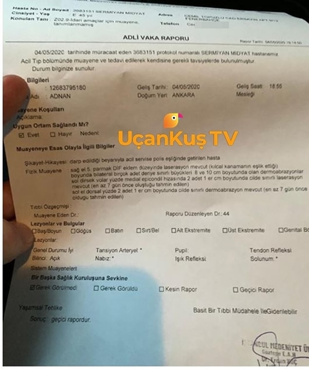 İşte tüm bu gelişmelerin ardından UçanKuş'un haberine göre Sermiyan Midyat cephesinden, Sevcan Yaşar'a yönelik suçlamalar geldi. UçanKuş'un ulaştığı belgede, Sermiyan Midyat'ın darp raporu aldığı görülüyor.