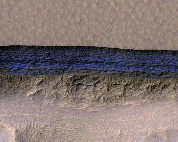 Mars yüzeyindeki bu dik yamaçlar ise altında var olan gizli yeraltı buzunu (mavi kısımını) gösterir nitelikte.