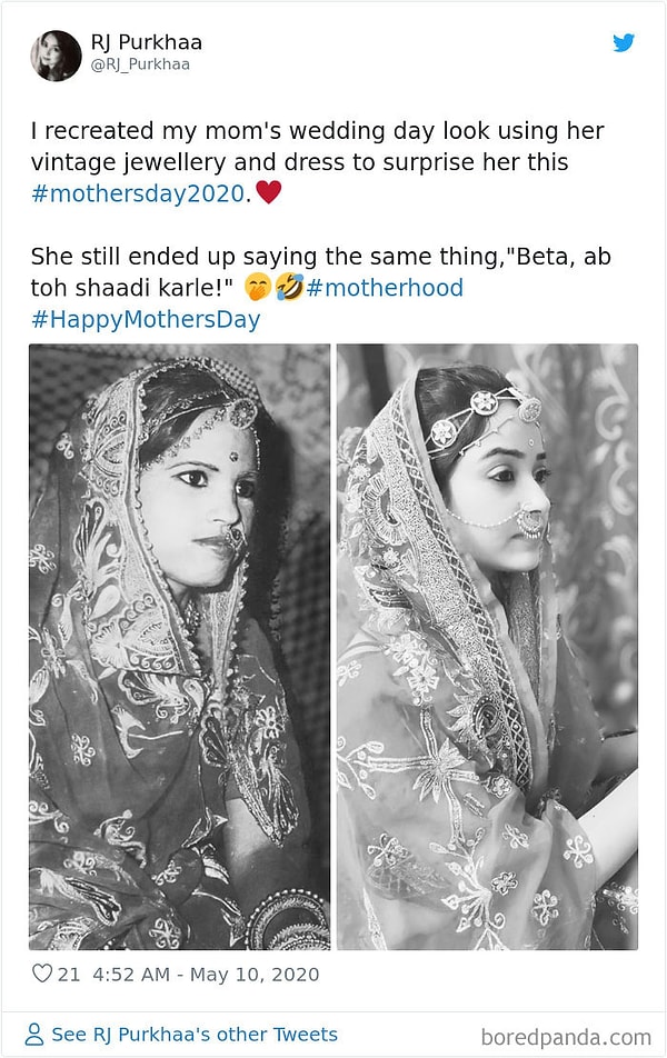 8. Воссоздала свадебный образ своей мамы, используя ее винтажные украшения и платье, чтобы удивить ее