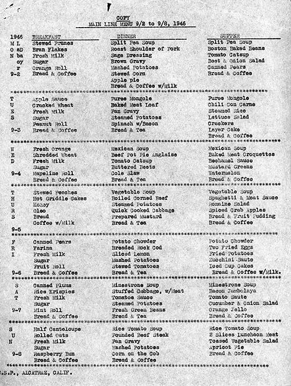 5. Тюремное меню Алькатраса 1946 года.  Еда в тюрьме Алькатрас была настолько хорошей, что охранники и тюремный персонал ели такую же еду, что и заключенные. Это было потому, что начальник тюрьмы полагал, что большинство проблем в тюрьме вызвано плохой едой.