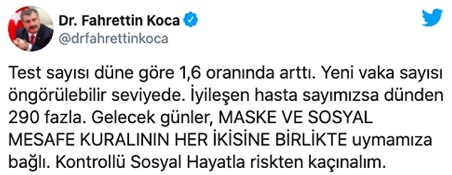 Koca sosyal medya hesabı üzerinden son 24 saateki veriler paylaştı