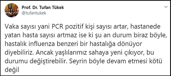 Artıştan endişe duyanların yorumlarına karşılık İstanbul Üniversitesi Tıp Fakültesi Dekanı Prof. Dr. Tufan Tükek ise yatan hasta sayısına dikkat çekti ve "Hastalık influenza benzeri bir hastalığa dönüyor diyebiliriz. Ancak yaşlılarımız sahaya yeni çıkıyor, bu durumu değiştirebilir. Seyrin böyle devam etmesi kötü değil" dedi.