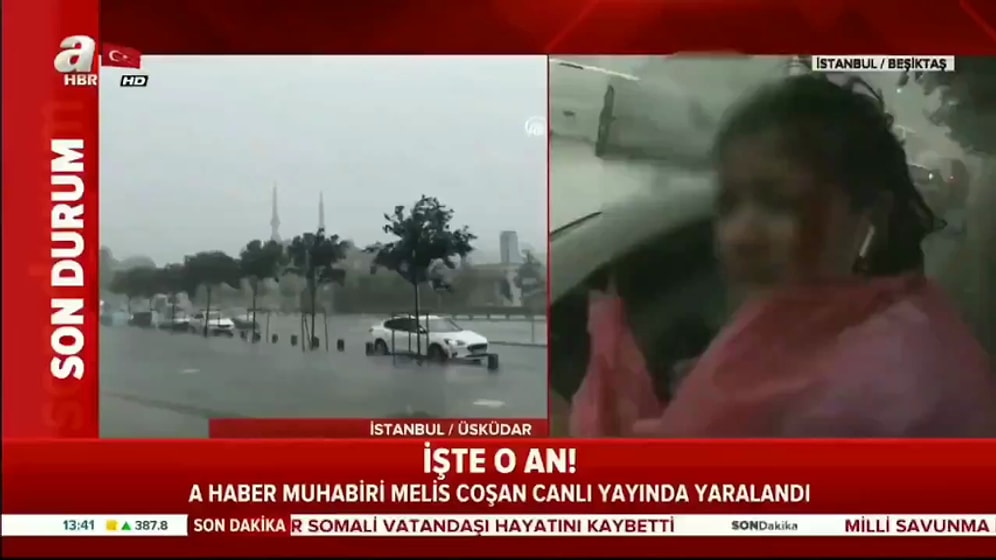 Fırtına Sırasında Canlı Yayın Yapan Muhabir Kafasından Darbe Aldı