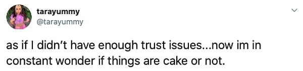 16. "Sanki yeterince güven problemim yokmuş gibi...Şimdi bir de sürekli olarak eşyaların kek olup olmadığını merak ediyorum."